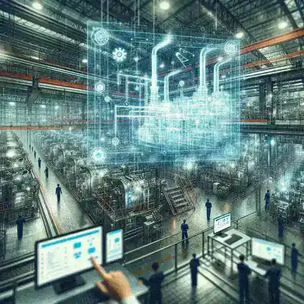 "Digital Twin technology illustration for process optimization in strategic industry production, showing virtual models and simulation data."