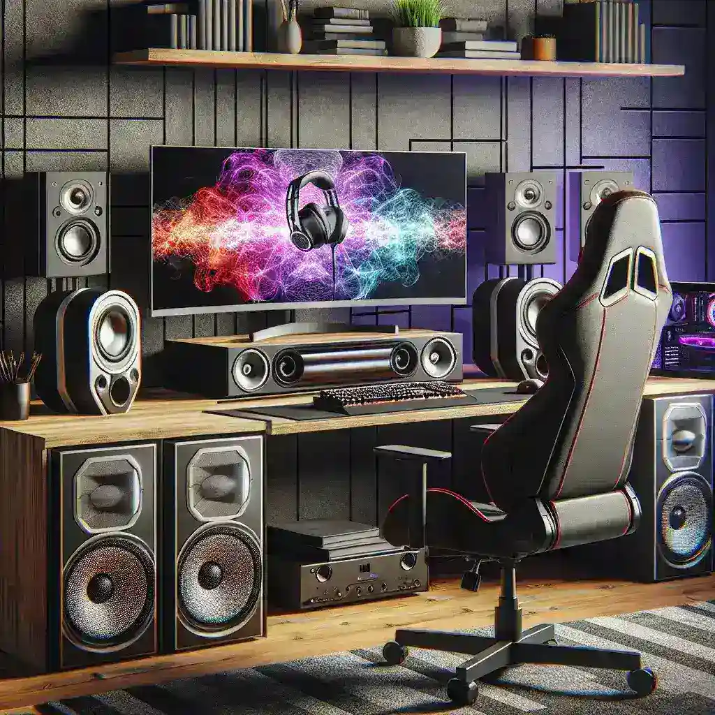 "Configuración del sistema de sonido para gaming, mostrando auriculares, altavoces y un panel de control de audio, ideal para lograr un audio inmersivo en videojuegos."