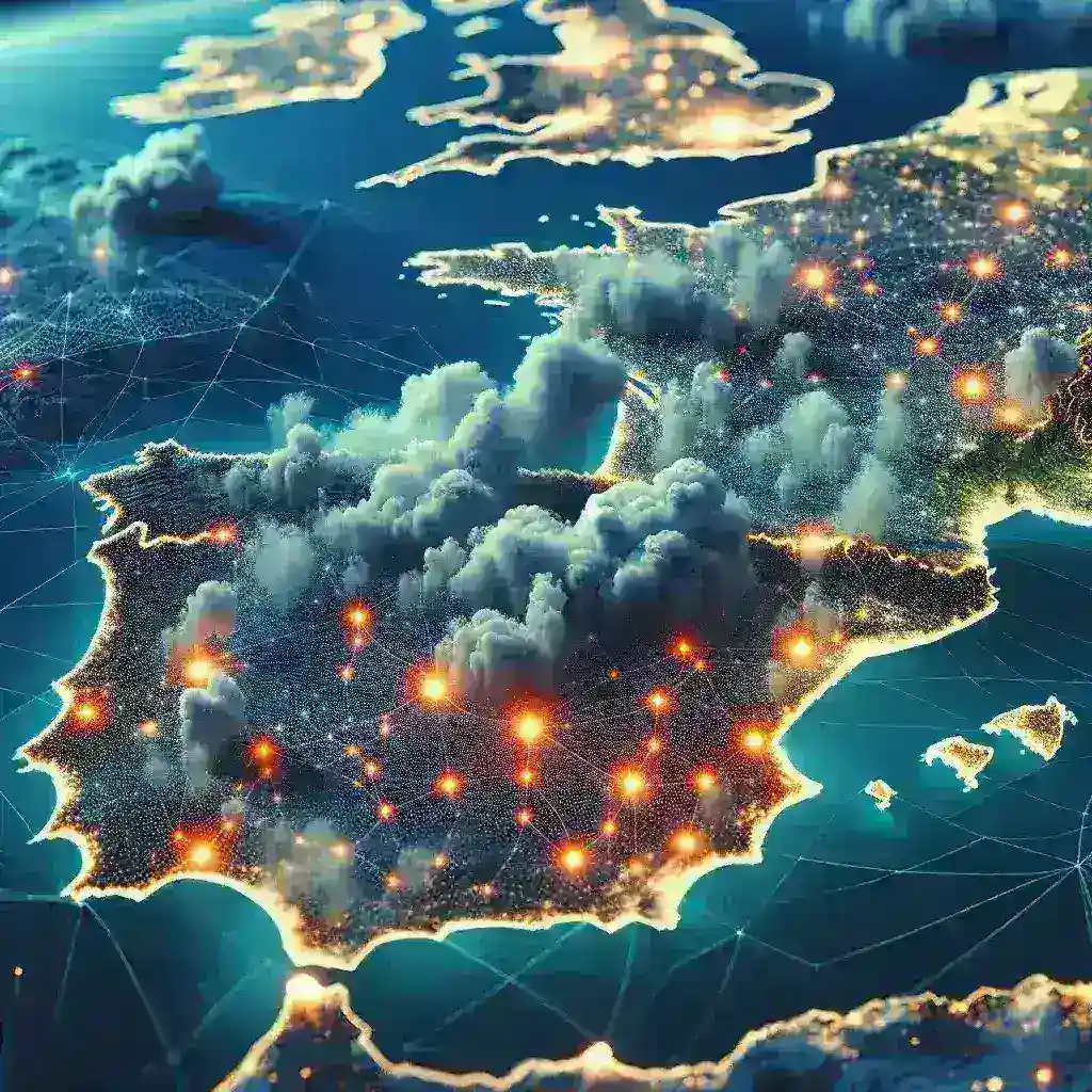 "Mapa de ciudades españolas con sistemas de predicción de contaminación atmosférica, destacando áreas afectadas y niveles de polución."